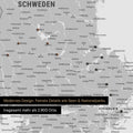 Ausschnitte einer Skandinavienkarte mit der Region Stockholm in Schweden als Pinn-Leinwand in Multicolor Grau mit 2.900 Orten