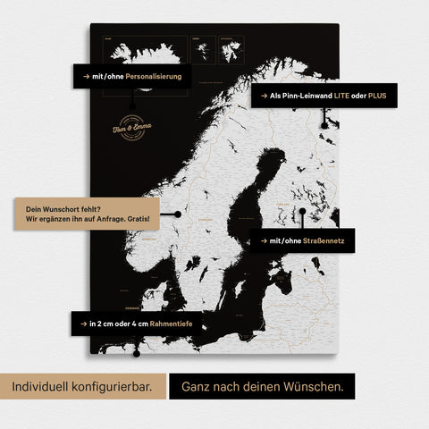 Konfigurationsmöglichkeiten einer Skandinavien-Landkarte als Pinn-Leinwand in Dark Black (Schwarz-Weiss) 