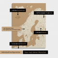 Konfigurationsmöglichkeiten einer Skandinavien-Landkarte als Pinn-Leinwand in Treasure Gold 
