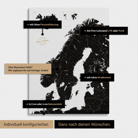 Konfigurationsmöglichkeiten einer Skandinavien-Landkarte als Pinn-Leinwand in Light Black 