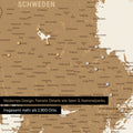 Ausschnitt einer magnetischen Skandinavien-Karte, auf der Magnete viele Reiseziele in Schweden markieren