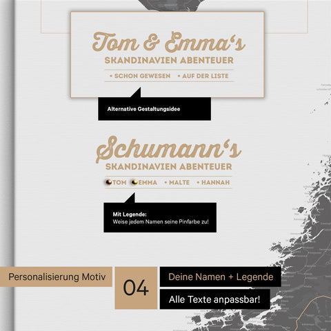 Pinnwand Leinwand einer Skandinavien-Karte in Grau mit Personalisierung als Logo mit Familiennamen