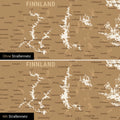 Vergleich einer Skandinavien-Karte mit und ohne Straßennetz