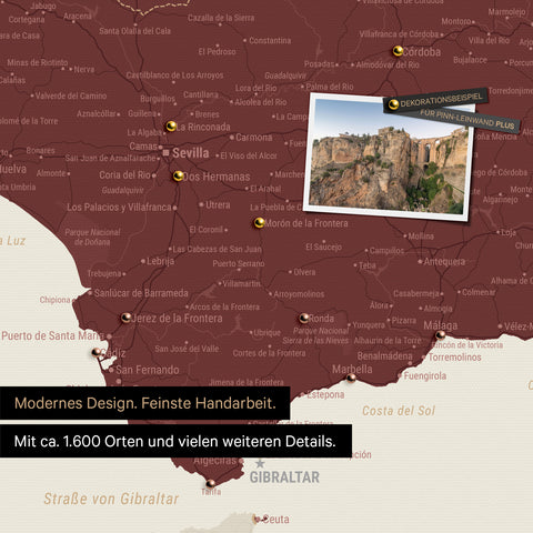 Spanien- & Portugal Landkarte in Bordeaux-Rot als Leinwand zum Pinnen zeigt einen Ausschnitt der Costa del Sol mit vielen Details wie Nationalparks, Flüssen und zahlreichen kleinen Orten und Städten, die mit Pins markiert sind