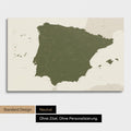 Neutrale Standard Ausführung der detaillierten Spanien- & Portugal-Karte als Pinnwand Leinwand in Oliv-Grün ohne Personalisierung