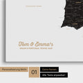 Landkarte von Spanien- & Portugal als Pinnwand Leinwand in Weiß-Schwarz mit Personalisierung und Namen in einer modernen Schreibschrift