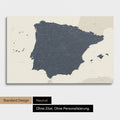 Neutrale Standard Ausführung der detaillierten Spanien- & Portugal-Karte als Pinnwand Leinwand in Navy Light ohne Personalisierung