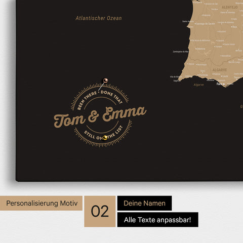 Spanien- & Portugal-Karte Pinn-Leinwand in Sonar Black mit Personalisierung als rundes Logo, das eine Legende für bereits besuchte Reiseziele im Rundtext beinhaltet