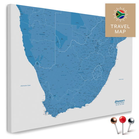 Südafrika-Landkarte in Farbe Blau als Pinn-Leinwand, mit Pins zur Markierung von Reisezielen, hochwertig in Deutschland gefertigt.