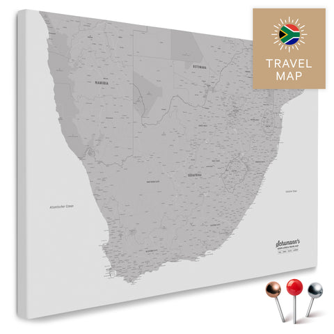 Südafrika-Landkarte in Farbe Coolgray (Hellgrau) als Pinn-Leinwand, mit Pins zur Markierung von Reisezielen, hochwertig in Deutschland gefertigt.