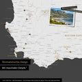Detail einer Südafrika Landkarte als Pinn-Leinwand im minimalstischen Design und Farbe Dunkelgrau, die mit Pins markierte Reiseziele in der Region rund um Kapstadt zeigt. Auf der Pinn-Leinwand können auch Fotos befestigt werden.