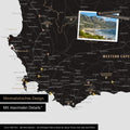 Detail einer Südafrika Landkarte als Pinn-Leinwand im minimalstischen Design und Farbe Light Black, die mit Pins markierte Reiseziele in der Region rund um Kapstadt zeigt. Auf der Pinn-Leinwand können auch Fotos befestigt werden.