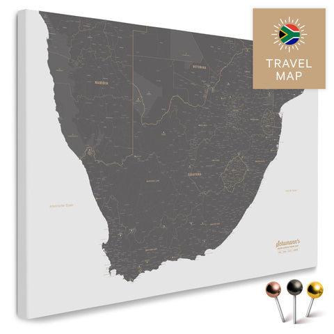 Südafrika-Landkarte in Farbe Light Gray als Pinn-Leinwand, mit Pins zur Markierung von Reisezielen, hochwertig in Deutschland gefertigt.