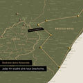 Südafrika-Karte in Farbe Olive Green mit Pins und Garn, die Reiseziele und die Reiseroute in Lesotho und Kwazulu-Natal absteckt.