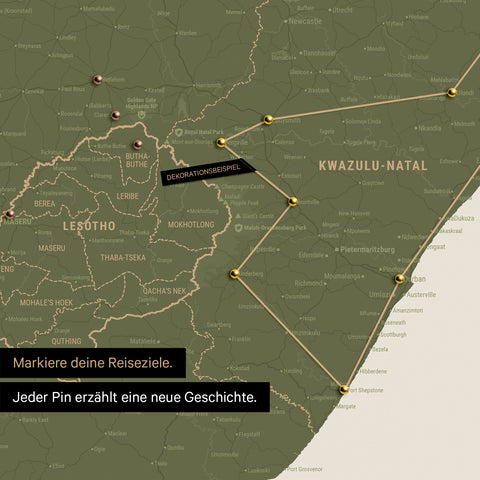 Südafrika-Karte in Farbe Olive Green mit Pins und Garn, die Reiseziele und die Reiseroute in Lesotho und Kwazulu-Natal absteckt.