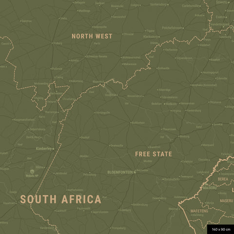 Südafrika-Karte Pinn-Leinwand in Olive Green wahlweise mit oder ohne Straßennetz