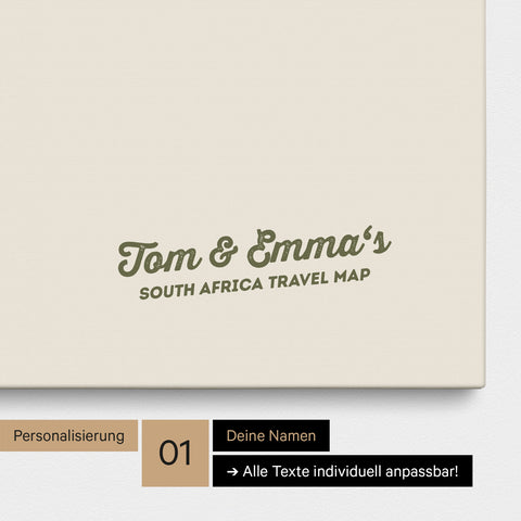 Südafrika-Karte als Pinn-Leinwand in Olive Green mit Personalisierung und Eindruck mit deinem Namen