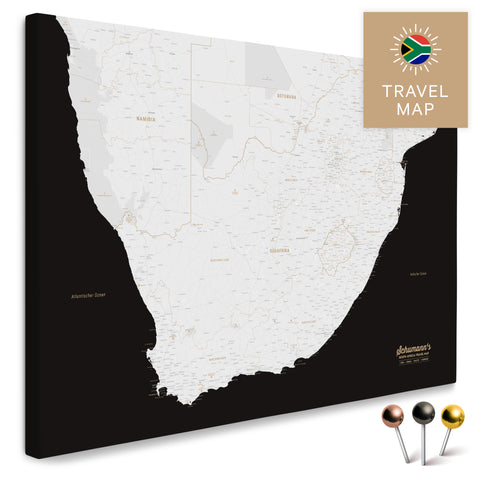 Südafrika-Landkarte in Farbe Schwarz-Weiss als Pinn-Leinwand, mit Pins zur Markierung von Reisezielen, hochwertig in Deutschland gefertigt.