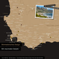 Detail einer Südafrika Landkarte als Pinn-Leinwand im minimalstischen Design und Farbe Sonar Black (Schwarz-Gold), die mit Pins markierte Reiseziele in der Region rund um Kapstadt zeigt. Auf der Pinn-Leinwand können auch Fotos befestigt werden.