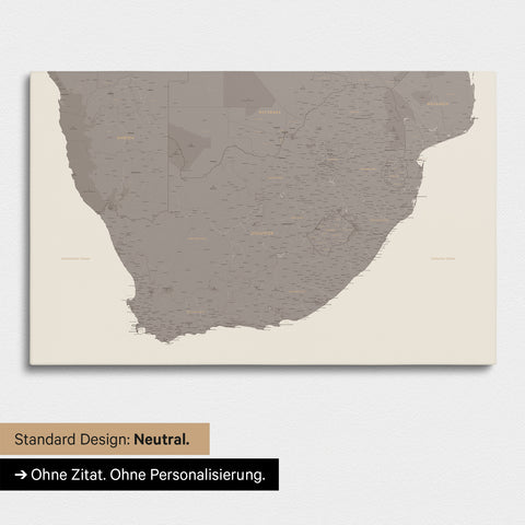 Neutrale und schlichte Standard-Ausführung einer Südafrika-Karte als Pinn-Leinwand in Warmgray (Braun-Grau)