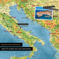 Moderne topografische Europa Landkarte als Pinn-Leinwand zeigt einen Ausschnitt von Italien, Kroatien und Griechenland, in der bereits besuchte Reiseziele durch Pins markiert sind
