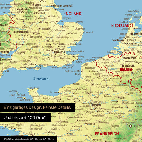 Topografische Europa Landkarte Poster zeigt einen Ausschnitt von England, Frankreich und Belgien