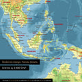 Dettaglio di una mappa topografica magnetica del mondo in Multicolor Topo che mostra la mappa dell'Asia, con magneti che indicano le destinazioni di viaggio