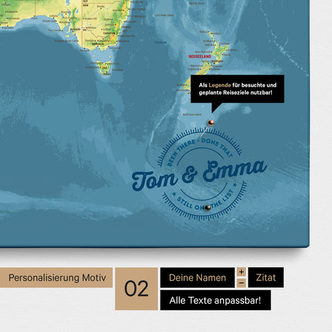 Mappa topografica personalizzata del mondo come Mappa per puntine su tela in Multicolor Topo con nomi stampati e una legenda per segnare i luoghi visitati