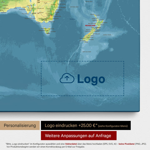 Mappa del mondo come Mappa da puntine in verde oliva, sulla quale può essere stampato un logo aziendale e possono essere effettuate ulteriori personalizzazioni come realizzazioni su misura