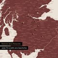 Detail einer England-Karte als Pinn-Leinand in Farbe Bordeaux Rot mit Kartenausschnitt von Schottland