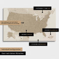 Vielfältige Konfigurationsmöglichkeiten einer USA Amerika Landkarte als Pinn-Leinwand in Farbe Beige