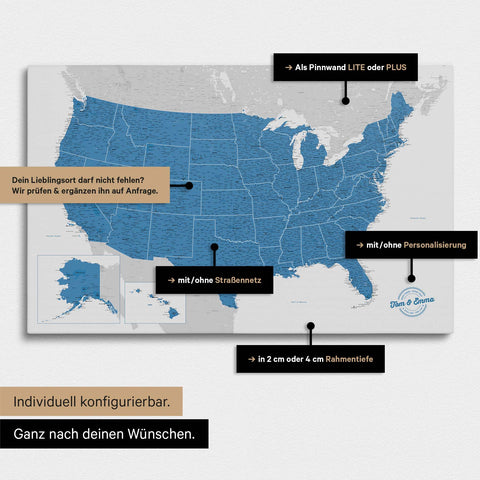 Vielfältige Konfigurationsmöglichkeiten einer USA Amerika Landkarte als Pinn-Leinwand in Farbe Blau