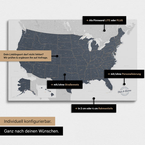 Vielfältige Konfigurationsmöglichkeiten einer USA Amerika Landkarte als Pinn-Leinwand in Farbe Denim Blue
