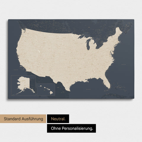 Neutrale und schlichte Ausführung einer USA Amerika Karte als Pinn-Leinwand in Hale Navy (Dunkelblau Gold)