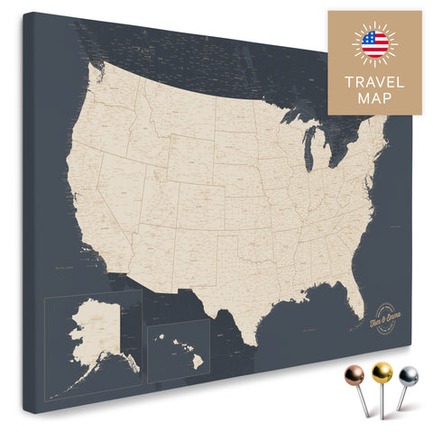 USA Amerika Karte in Hale Navy (Dunkelblau Gold) mit sehr hohem Detailgrad als Pinnwand Leinwand zum Pinnen und Markieren von Reisezielen kaufen