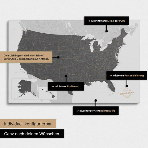 Vielfältige Konfigurationsmöglichkeiten einer USA Amerika Landkarte als Pinn-Leinwand in Farbe Light Gray