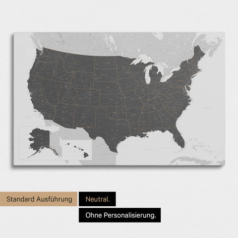 Neutrale und schlichte Ausführung einer USA Amerika Karte als Pinn-Leinwand in Light Gray