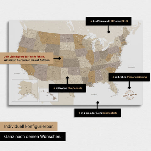 Möglichkeiten der Konfiguration einer USA Amerika Landkarte als Pinn-Leinwand zum Pinnen und Markieren von Reisezielen und besuchten Orten