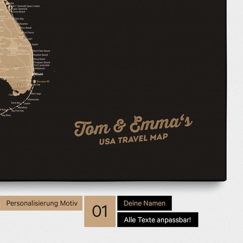 USA Amerika Karte mit hohem Detailgrad als Pinnwand Leinwand in Sonar Black mit Personalisierung und Eindruck mit deinem Namen