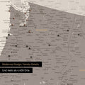 Ausschnitt einer USA Amerika Karte als Pinn-Leinwand in Warmgray (Braun-Grau) zeigt Reiseziele und Highlights in Washington, Oregon und Idaho