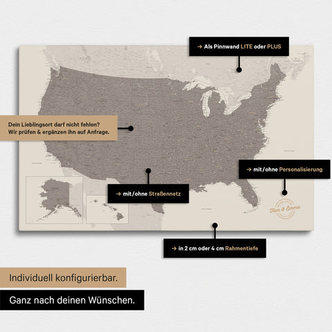 Vielfältige Konfigurationsmöglichkeiten einer USA Amerika Landkarte als Pinn-Leinwand in Farbe Warmgray (Braun-Grau)