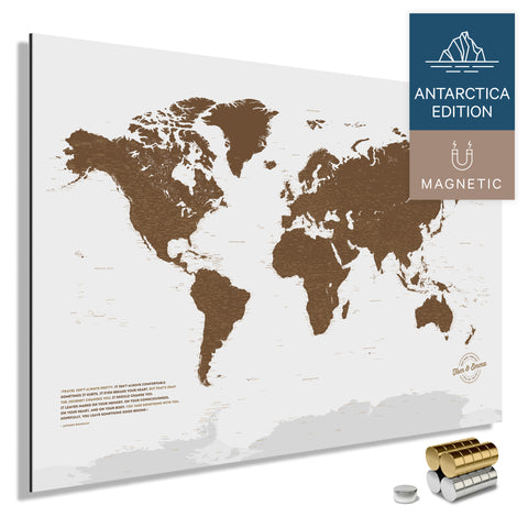 Magnetische Weltkarte ANTARCTICA mit Antarktis als massives Magnetboard in der Farbe Braun, in einem modernen, minimalistischem Design zum Pinnen und Markieren von Reisezielen mit Magneten