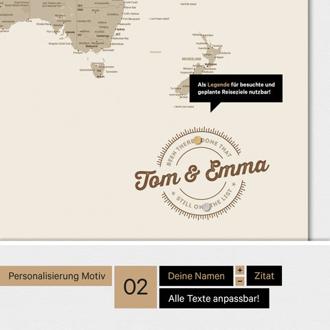 Personalisierte magnetische Weltkarte ANTARCTICA in Desert Sand mit rundem Logo, das eine Legende für bereits besuchte Reiseziele beinhaltet