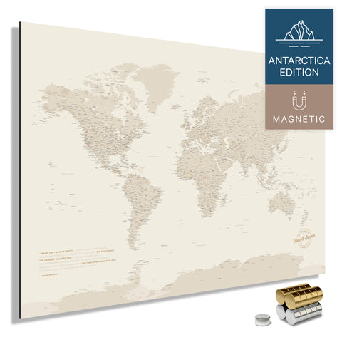 Magnetische Weltkarte ANTARCTICA mit Antarktis als massives Magnetboard in der Farbe Gold, in einem modernen, minimalistischem Design zum Pinnen und Markieren von Reisezielen mit Magneten