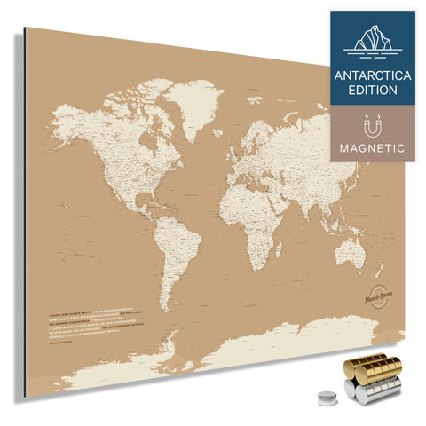 Magnetische Weltkarte ANTARCTICA mit Antarktis als massives Magnetboard in der Farbe Treasure Gold, in einem modernen, minimalistischem Design zum Pinnen und Markieren von Reisezielen mit Magneten
