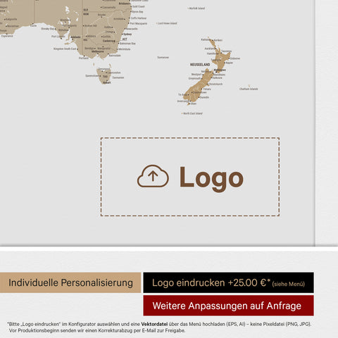 Weltkarte mit Antarktis als Pinn-Leinwand in Multicolor Beige mit Logo-Eindruck für Unternehmen