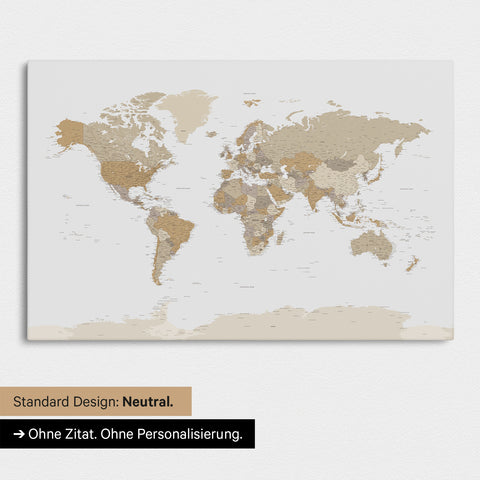 Neutrale Standard-Ausführung einer Weltkarte mit Antarktis als Pinn-Leinwand in Multicolor Beige
