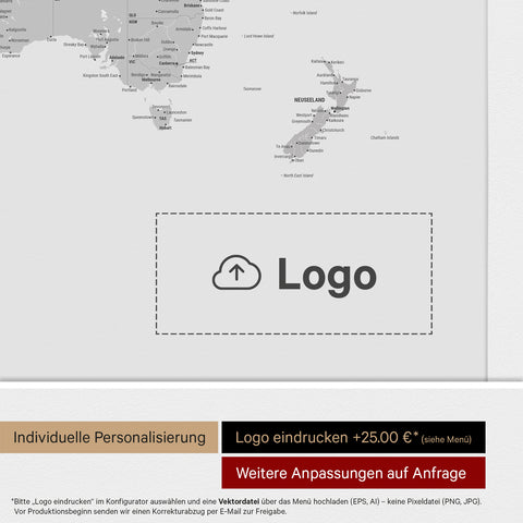 Weltkarte mit Antarktis als Pinn-Leinwand in Multicolor Grau mit Logo-Eindruck für Unternehmen