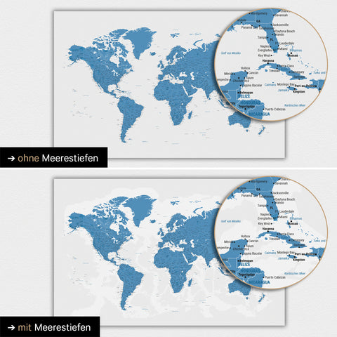 Mappa del mondo in colore blu con profondità marine bidimensionali