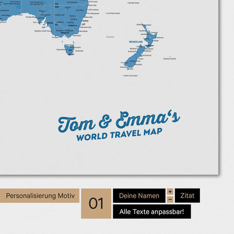 Mappa del mondo personalizzata in colore blu con il tuo nome stampato